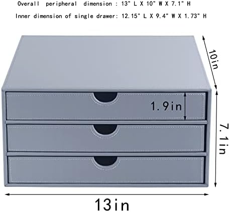 Leather Desk Organizer with 3 Drawers/Tray, Executive Office Supplies Desktop Filing A4 File Cabinet/Holder, Stackable Storage Box Grey (Gray)