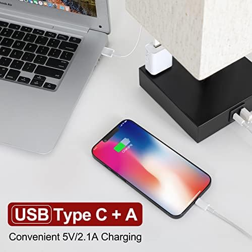 Bedside Table Lamp for Bedroom - Touch Small Lamp with USB C+A Charging Ports & AC Outlets, 3 Way Dimmable Nightstand Light for Living Room (LED Bulb Included, Flaxen)