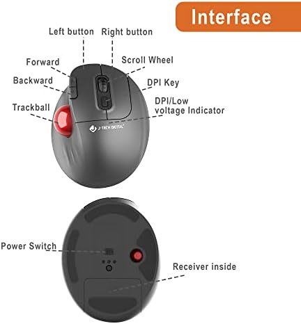 J-Tech Digital Wireless Trackball Ergonomic Mouse w/Free & Easy Thumb Control | DPI Adjustment, Precision Tracking, Multi-System Compatibility with PC, Laptop, Windows, Mac [V728]