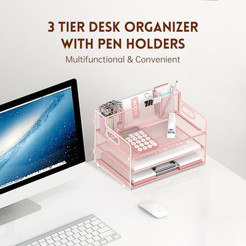 3-Tier Desk Organizer with Pen Holder and Handles, Paper Organizer, Pink