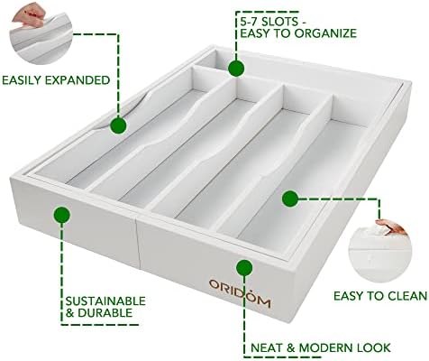 Expandable Bamboo Kitchen Drawer Organizer for Cutlery and Utensils, Adjustable Bamboo Wood Cutlery Tray in Drawer for Flatware and Silverware in Kitchen, (White)