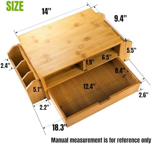 Hiceeden 2 Tier Bamboo Desktop Organizer, Desk Monitor Stand Riser with 1 Drawer and 2 Pen Holder, 2 Compartment Computer Desk Storage Organizer for Laptop, Printer