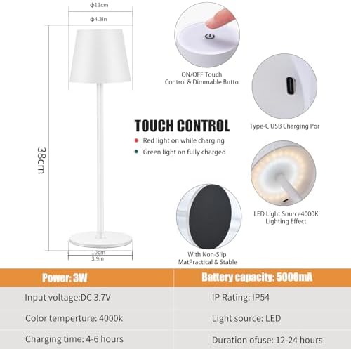 IMQSQIK 2 Pack Cordless Table Lamp, 5000mAh Portable Rechargeable LED Desk Lamp, 3 Color Modes Stepless Dimming Table Light with Memory Function, for Dinner, Patio, Home, Restaurant.