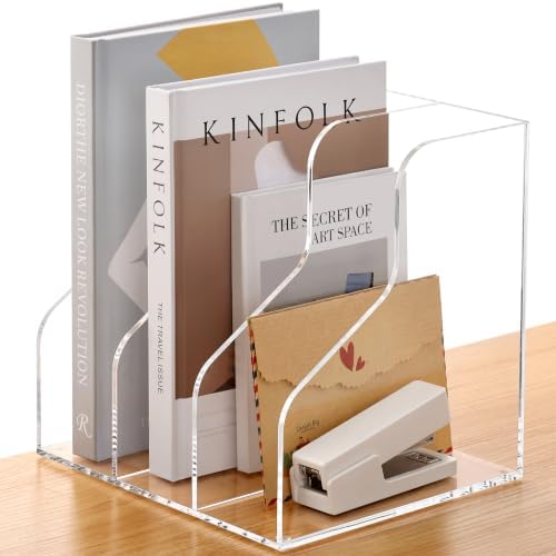 SANRUI 3 Slots Acrylic Magazine Holder, Desktop File Sorter Organizer Rack Bookshelf, Workspace Sorters Office Desk Accessories Organization Storage Stand, Clear