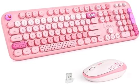 MOFII Wireless Keyboard and Mouse Combo, Full Size 2.4G Plug and Play Typewriter Retro Round Computer Keyboard and Mouse Set for Windows, Computer, Desktop, PC, Notebook - (Pink Colorful)