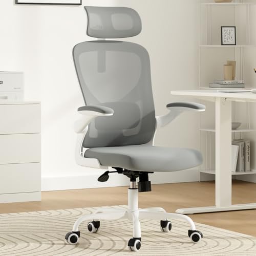 Ergonomic Home Office Desk Chair with Flip-Up Arms and Headrest, Gray/White