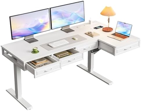 OffiGo 55 Inch L Shaped Standing Desk with 4 Wooden Drawers, White