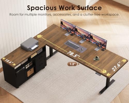 OffiGo 79 Inch Executive L-Shaped Electric Standing Desk, Walnut & Black
