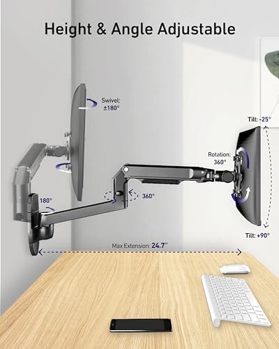 Ergounion Monitor Wall Mount for Flat or Curved Screens up to 38" Within 25 lbs, Full Motion Adjustable Monitor Arm Wall Mount with Cable Management, VESA 75x75/100x100mm, Silver