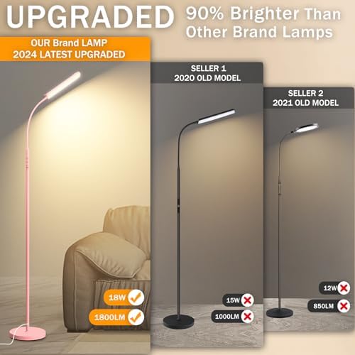 marctronic Pink LED Floor Lamp, 18W 1800LM Bright Floor Lamp with Remote & Works with Smart Plug, Dimmable Timing Eye Caring Reading Light Modern Standing Floor Lamps for Living Room Bedroom Office
