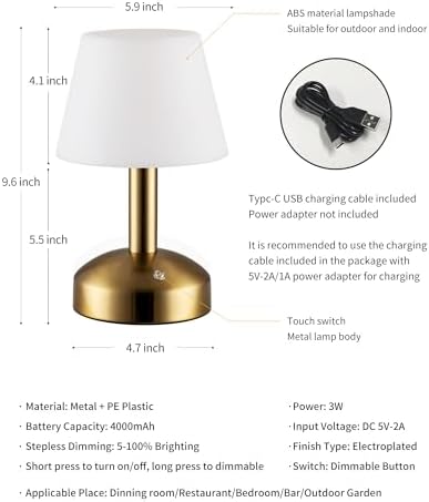 KDG Gold Cordless Small Table Lamp, Portable LED Dimmable Desk Lamp
