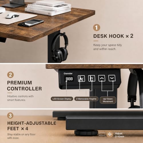 Grandder 55x32 Extra-Deep Electric Standing Desk, Wide Desktop Fits 49" Ultrawide Monitor+Dual Screens, 176 lbs Capacity, 2 Memory Presets, Computer Desk for Home Office & Gaming, Rustic Brown