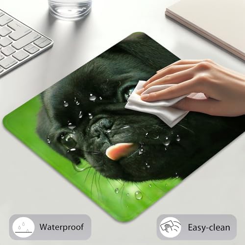 Cute Black Pug Puppy Tongue Out Close-Up Mouse Pad, Dog Stitched Desk Mat