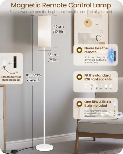 Dimmable Floor Lamps for Living Room with Remote and Foot Switch, 64.4” Modern Standing Tall Lamp, Corner Lamp for Bedroom, Office, Bulb Included, 3000K-6500K, Beige and White, FCC Listed WE06LD05W1