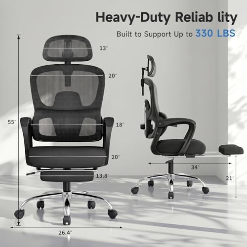 Ergonomic Office Chair with Footrest, 90-145° Reclining Mesh Desk Chair