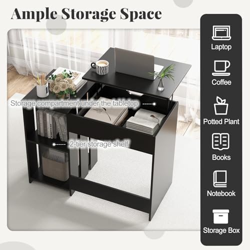 Tangkula Computer Desk with Lift Top, Space Saving Standing Desk with Hidden Compartment and Open Storage Shelves, Study Writing Desk with Lifting Mechanism, Black
