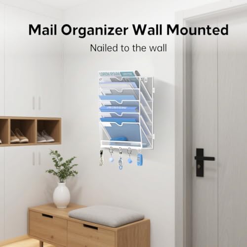 6 Tier Wall File Organizer - Hanging File Organizer with 5 Hooks, Mail Holder Wall Mounted for Papers, Folders, Magazines, Bills, Office&School Organization, White
