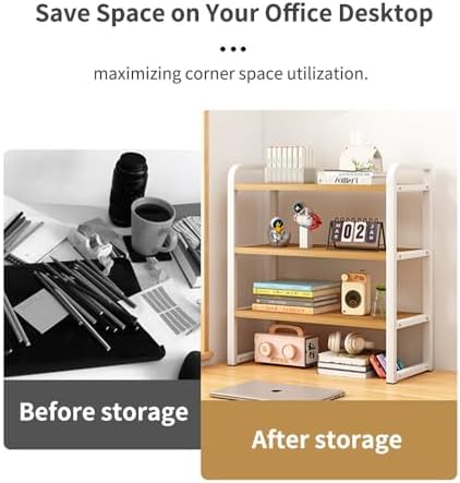 Office Desk Shelf Organizer, Wood Desktop Bookshelf Supplies Storage Rack, Shelf for Top of Desk and Dresser and Cubicle Decor Aesthetic Bookshelf (White Wood-Two Tier)