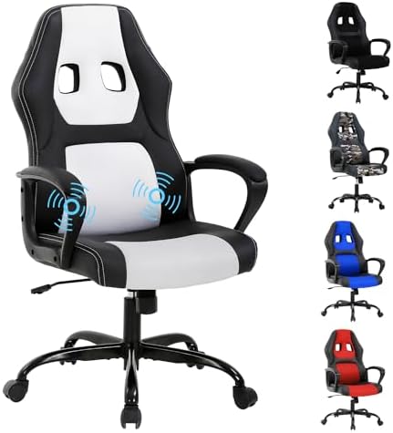 White Massage Gaming Chair for Kids, Ergonomic Office Chair Computer Chair with Adjustable High Back & Armrest, PU Leather Gamer Chair with 360°Swivel, Heavy Duty Gaming Chairs for Adults, Teens