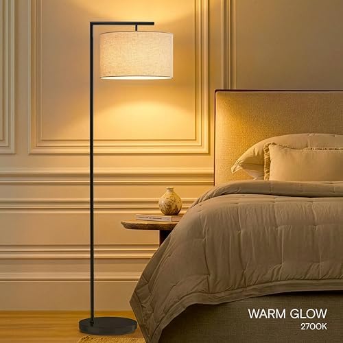 Brightech Montage Modern Floor Lamp - LED Standing Lamp with Tan Shade for Living Rooms & Offices - Bedroom Reading Light - Tall Corner Pole Lamp for Contemporary Home Decor - Black