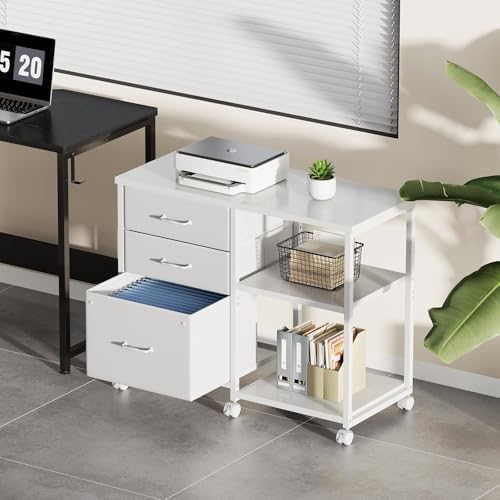 Maihail 3 Drawer File Cabinet with Wheels with Open Storage Shelf, White