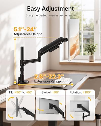monTEK Tall Single Monitor Arm, 17–40" Full Motion Height Adjustable，Black