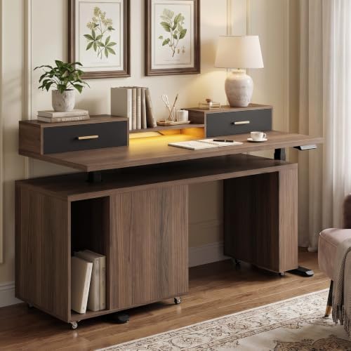 ModernMate L Shaped Standing Desk with 360° Rotating Cabinet, Black Walnut