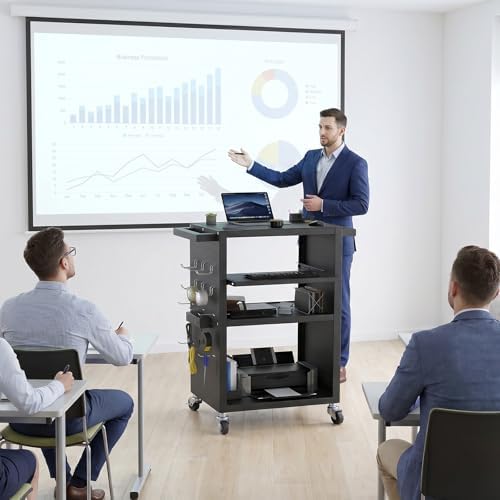 Mobile AV Cart with Pullout Keyboard Tray, Rolling Computer Cart Height Adjustable Rolling Media Utility Cart with 4 Wheels
