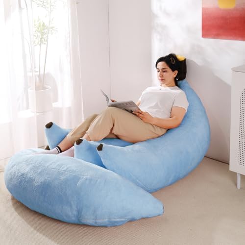 Banana Bean Bag Chair with Ottoman, Floor Sofa Bed with Footrest, Comfy Convertible Lounger for Adults, Plush Couch for Bedroom, Living Room or Dorm, L-SkyBlue