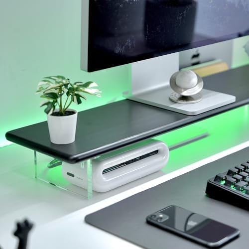 Bamboo Monitor Stand, Desk Shelf with Acrylic Legs and RGB Lights