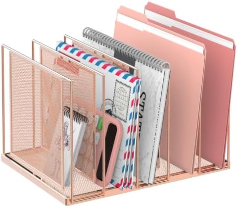 File Organizer for Desk, 5-Section Vertical File Sorter, Paper Holder Organizer Standing Metal File Folder for Office Home Classroom, Rose Gold