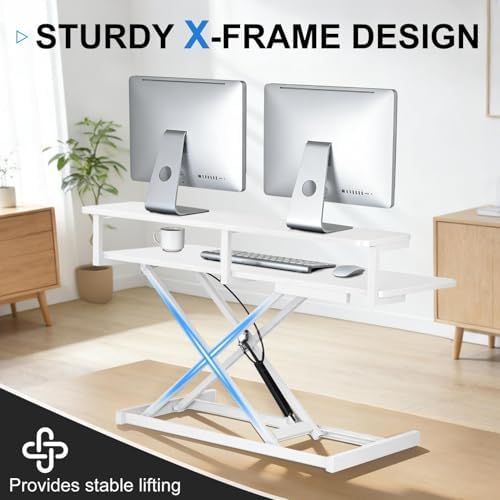 37" Standing Desk Converter with Pneumatic Single-Button Lift, Adjustable Desk Riser for Two Monitors & Laptop, Height Range 10.2-24.8", 39.68 Lb Load, 37" Main + 9" Secondary Desks