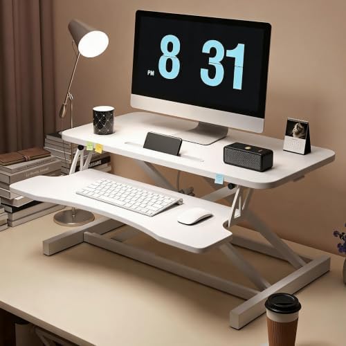 32 Inch Desk Converter, Height Adjustable Sit to Stand Riser, Dual Monitor and Laptop Workstation with Wide Keyboard Tray Xmas,Gift for Mother's Day (White)