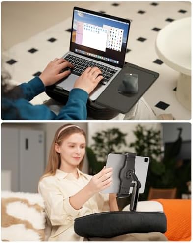 Viozon Kindle Pillow Stand Holder, Phone holder for Bed, Laptop Lap Desk with Mouse Pad,Compatible with 4.7-13" Kindle/Tablet/Phone,10-15"Laptop, Snack Bowl&Cup Attachment&Detachable 360°Stand Arm, B