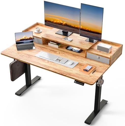 55 x 30 Inch Electric Standing Desk with 2 Drawers, Adjustable Height Widened Stand Up Desk with Storage, Sit to Stand Ergonomic Workstation for Home Office, Light Rustic