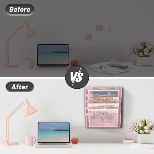EASEPRES 5 Pocket Mesh Hanging Wall File Organizer, Wall Mounted Mail Paper Document Folder Holder, Clipboard Storage Organization Magazine Rack with Nametag Label for Office Home School, Pink