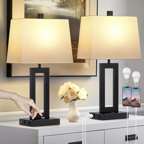 Cinkeda Black Bedside Table Lamp Set of 2,Nightstand Lamps with USB Ports