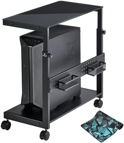 EUREKA ERGONOMIC PC Stand Computer Cart Frosted Glass, Height Adjustable Tower Stand 2-Tier Suit for ATX Case Printer, Metal Rolling Cart on Wheels for Gaming Home Office, Black