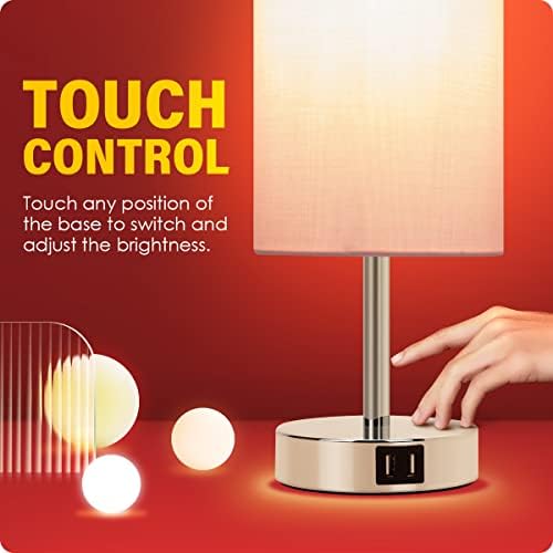 Yarra-Decor Bedside Lamp with USB Port - Touch Control Table Lamp for Bedroom 3 Way Dimmable Nightstand Lamp with Round Pink Fabric Shade for Living Room, Dorm, Home Office (LED Bulb Included)