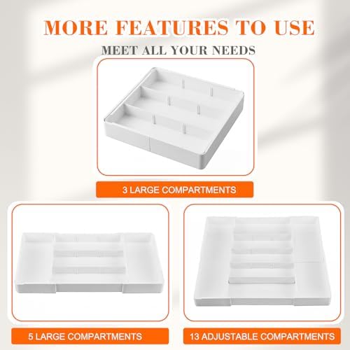 Briwooody 2 Pcs Expandable Drawer Organizer, White, 13 Compartments