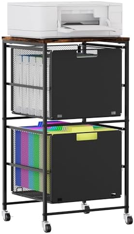 EasyPAG Rolling Storage Cart with 2 Drawers, Under Desk File Cabinet on Lockable Wheels, Movable Letter Size Hanging File Folder Organizer with Wooden Printer Stand for Home Office, Black