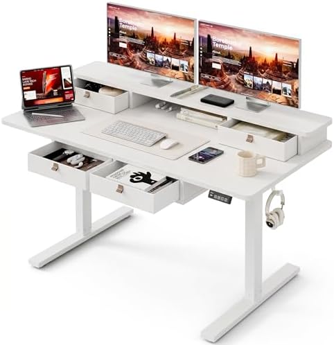 Grandder Electric Standing Desk with Four Drawers, Sit to Stand Up Height Adjustable Desk with Storage Shelf for Home Office, 47 * 28 Inch, Study, Ergonomic Adjustable Computer Desk, White