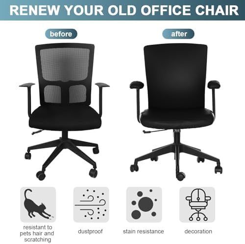 Tallew 4 Pcs Office Chair Covers PU Leather Office Desk Accessories Universal Computer Chairs Cover Stretchable Protective Chair Seat Covers Desk Armrest Cover Slipcovers Rotating Backrest (Black)