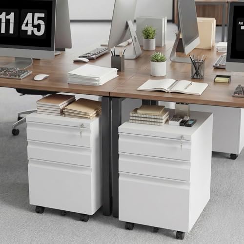3 Drawer File Cabinet on Wheels,25.6" H White Filing Cabinet with Lock,Under Desk Metal File Cabinet for Home Office Organizer Letters/Legal/A4(Fully Assembled) (White)