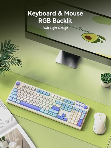 Wireless Keyboard and Mouse Combo, RGB Backlit Rechargeable 2000 mAh Battery, Wireless Computer Keyboards, Tri-Mode Bluetooth/2.4GHz/USB-C Custom Creamy Keyboard, RGB Backlit Media Knob