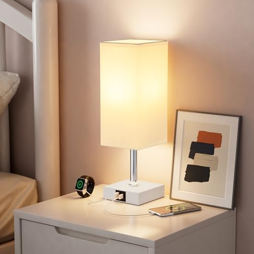 Touch Table Lamp for Bedroom - Dimmable, USB C+A, White Lamphade White Base