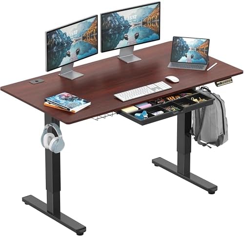 SHW 55 x 28 Electric Height Adjustable Standing Desk w/Drawer, Cherry