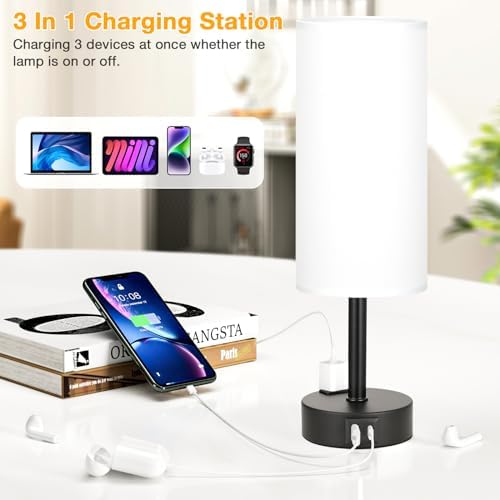 Touch Bedside Table Lamps Set of 2 - Bedroom Lamp with USB A+C, AC Outlet