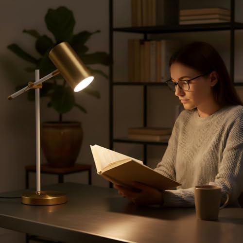 Modern White and Gold Desk Lamp with Type C Charging Port, Minimalist Industrial Table Lamp with Swing Arm, for Study Room Home Office Bedroom Bedside Nightstand