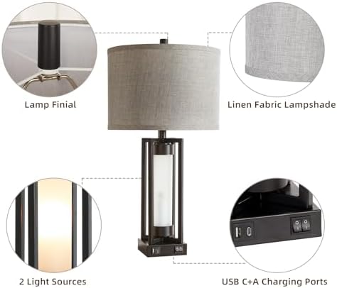 Set of 2 Modern Table Lamps for Living Room with USB C+A Ports